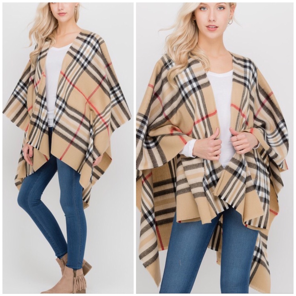 Fleece Taupe Plaid Printed Poncho Wrap - Picture 2 of 4